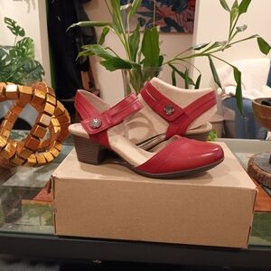 Clarks Red Heeled Sandals with Buckle